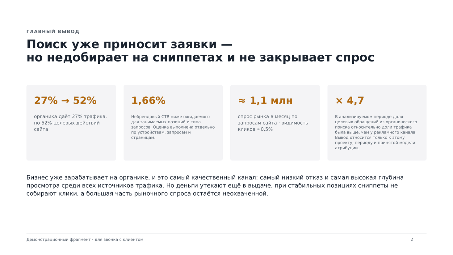 Демонстрационный отчёт SEO-аудита — слайд «Главный вывод»